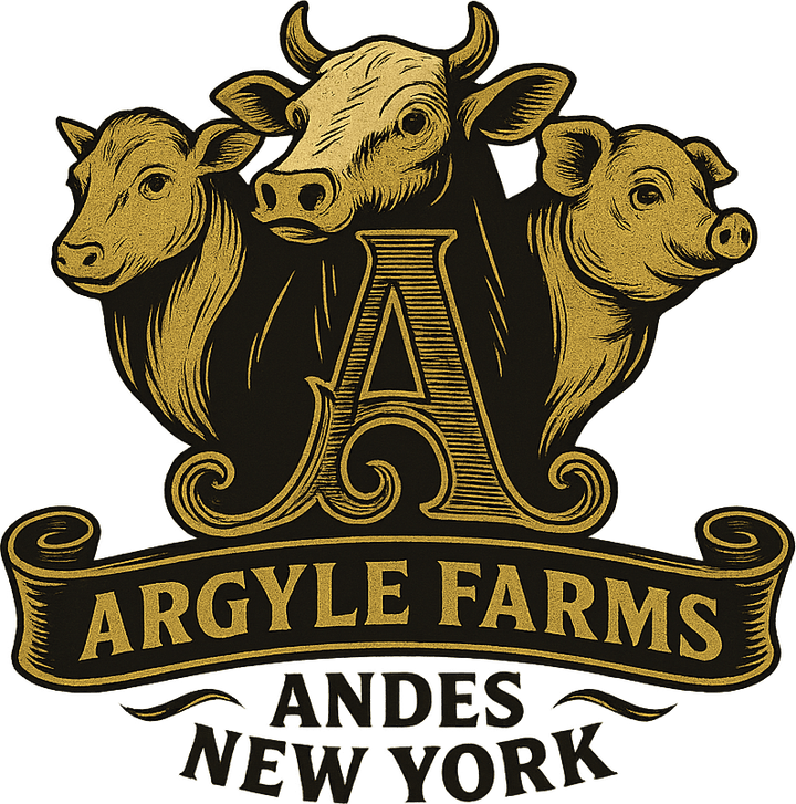 Argyle Farms crest engraving — ram, steer, and pig around a serif A
