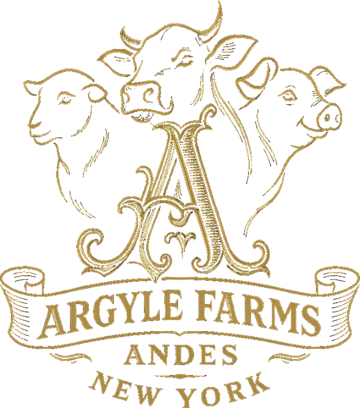 Argyle Farms heraldic crest with ram, steer, and pig