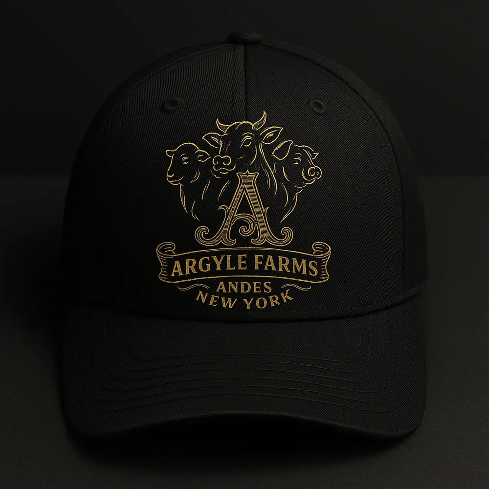 Black structured cap with gold embroidered Argyle Farms crest